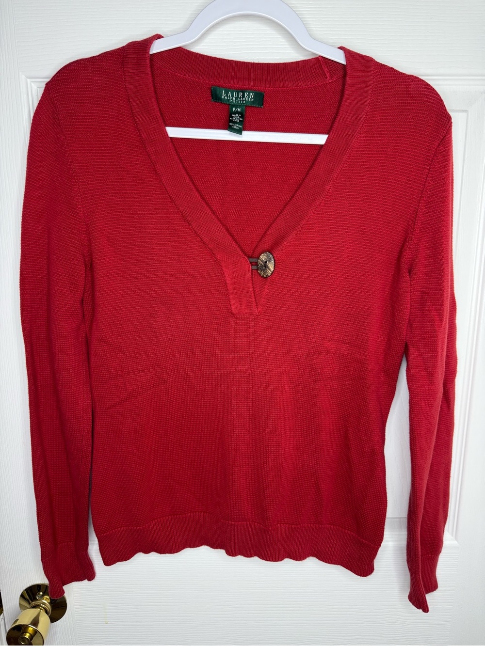 Lauren Ralph Lauren Petite Red 100% Cotton V-Neck Button Detail Sweater P/M
